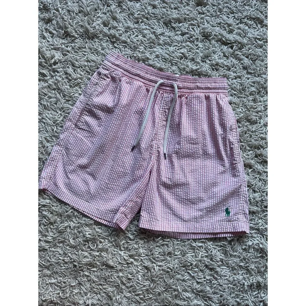 Polo Ralph Lauren Men's Small Seersucker Lined Swim Trunks Pink Striped Vintage